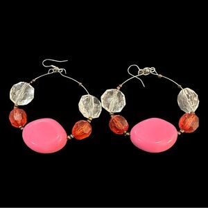 Chunky Beaded Hoop Earrings Pink Orange and Clear